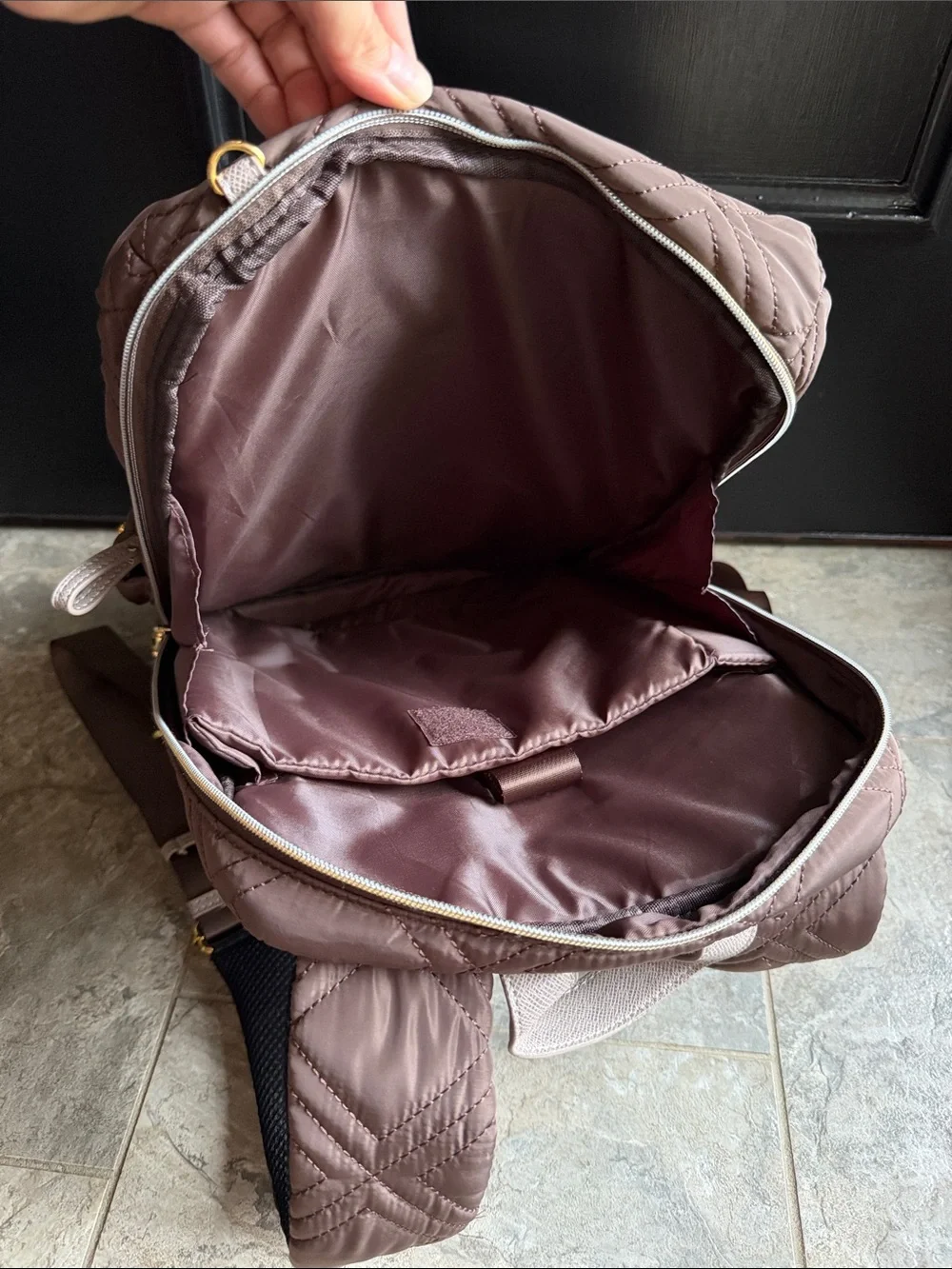 Adrienne Vittadini Quilted Brown Nylon Backpack with Gold Hardware